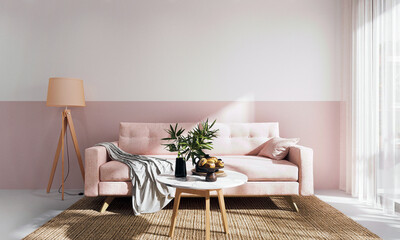 Modern minimal interior of living room with cozy pink sofa and floor lamp and white and pink concrete wall background. 3d rendering