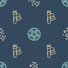 Set line Sparkle stars with magic, Bottle love potion and Pentagram in circle on seamless pattern. Vector