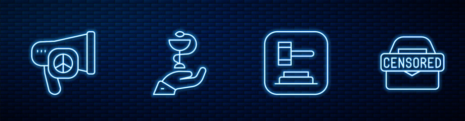 Set line Judge gavel, Peace, Caduceus snake medical and Censored stamp. Glowing neon icon on brick wall. Vector