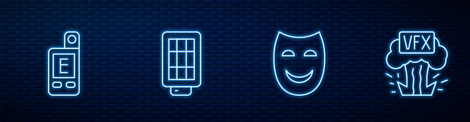 Set line Comedy theatrical mask, Light meter, Softbox light and VFX. Glowing neon icon on brick wall. Vector