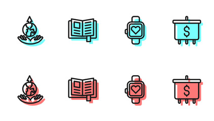 Set line Smart watch, World expansion, Reading book and Target with dollar icon. Vector