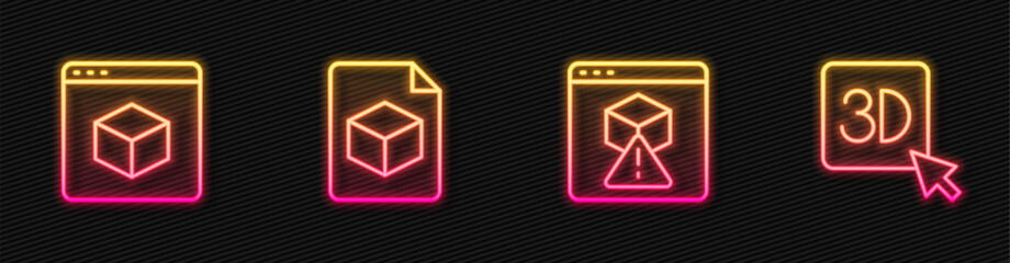 Set line 3D printer, , Isometric cube file and . Glowing neon icon. Vector