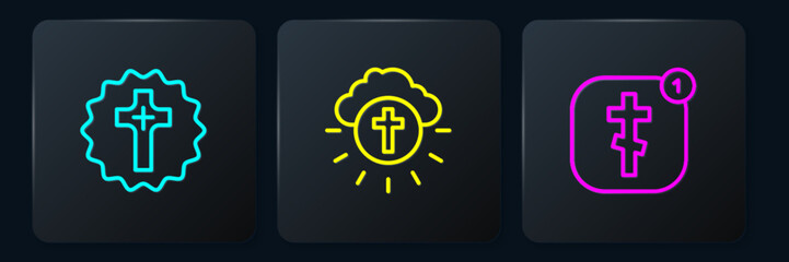 Set line Christian cross, Online church pastor preaching and Religious circle. Black square button. Vector