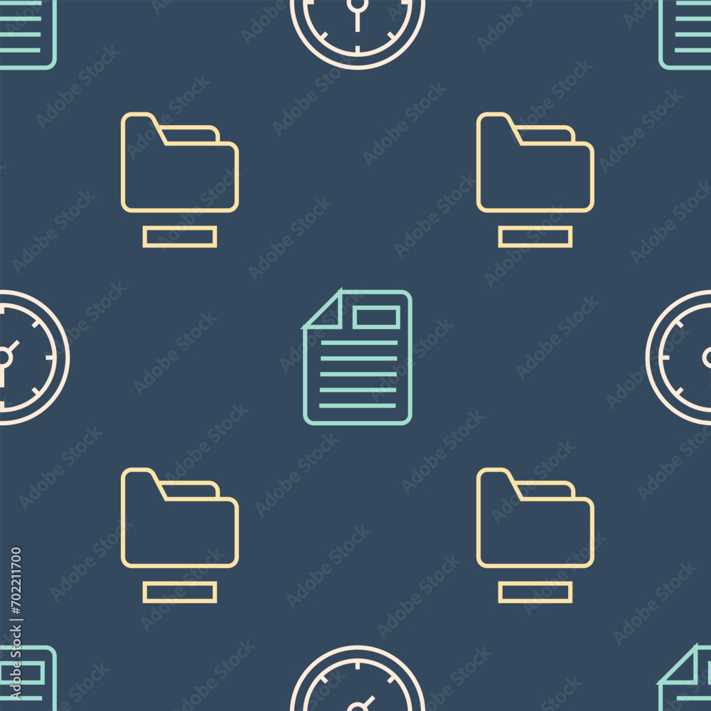 Poster set line clock, document folder and file document on seamless pattern. vector