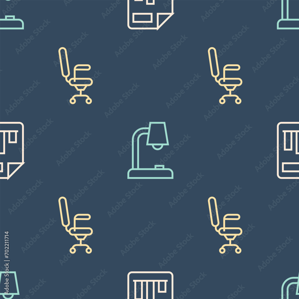 Poster set line document with graph chart, office chair and table lamp on seamless pattern. vector