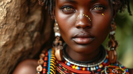 Maasai woman and traditional beaded adornments reflecting her identity.