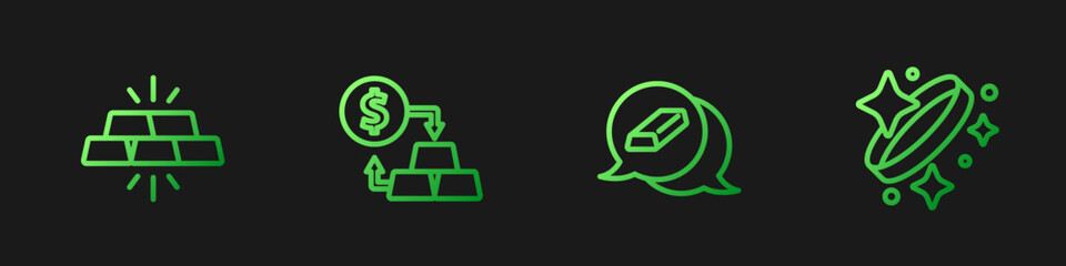 Set line Gold bars, exchange money and ring. Gradient color icons. Vector