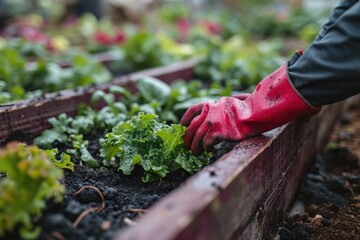 Gardeners hands planting and picking vegetable from backyard garden. Gardener in gloves prepares the soil.