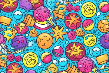 Cartoon cute doodles of suns, beach balls, and flip-flops in a playful and vibrant summer pattern, Generative AI
