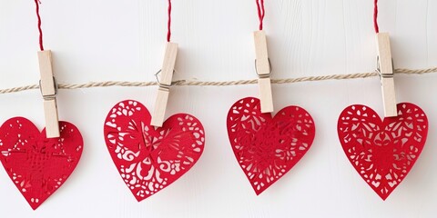 Red hearts with clothespins on a rope