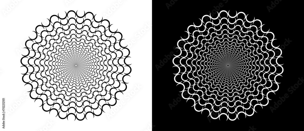 Poster Abstract background with semicircles in circle. Art design circle as logo or icon. A black figure on a white background and an equally white figure on the black side.