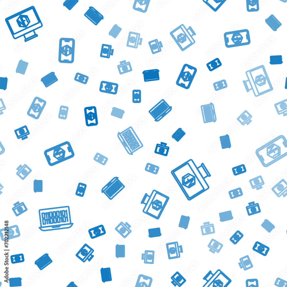 Poster set line binary code, monitor with art store app and mobile on seamless pattern. vector