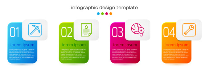 Set line Pickaxe, Oil drop document, Global planet with bulb and Wrench spanner. Business infographic template. Vector