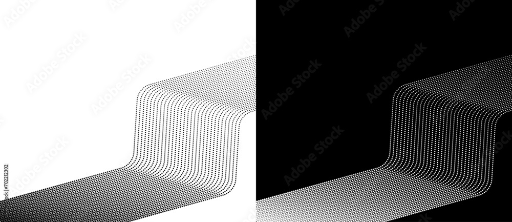 Fototapete Abstract background with halftone dots in flowing stream. Big Data or AI concept. Black shape on a white background and the same white shape on the black side.