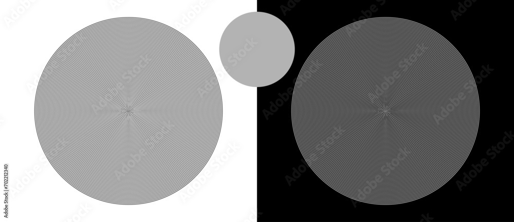 Poster Abstract background with halftone dots in circle. Art design circle as logo or icon. A black figure on a white background and an equally white figure on the black side.
