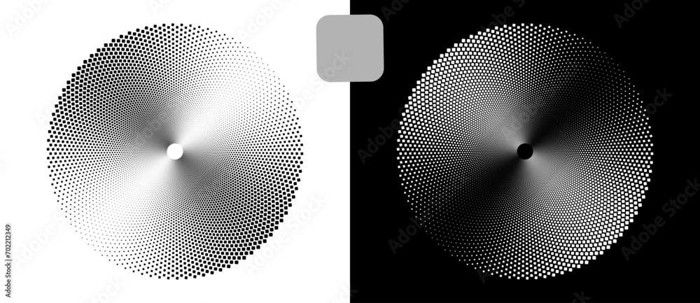 Aufkleber Abstract vector circle with halftone squares as logo or icon. Black shape on a white background and the same white shape on the black side.
