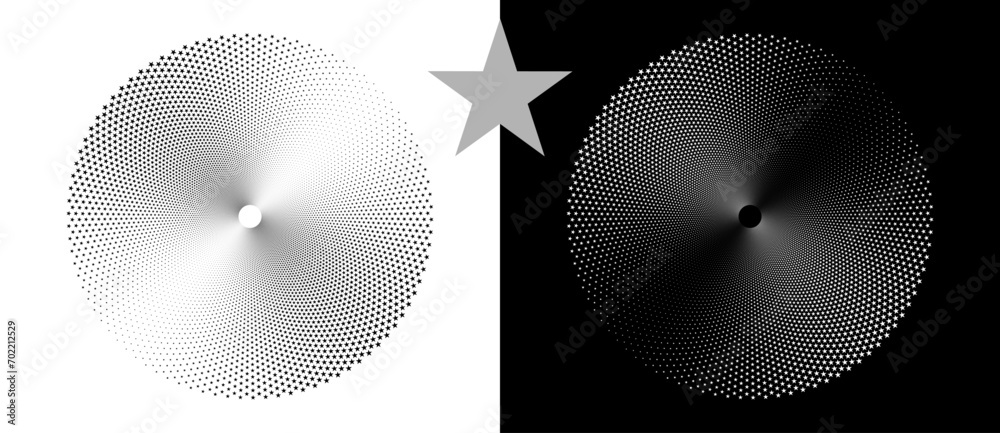 Aufkleber Abstract vector circle with halftone stars as logo or icon. Black shape on a white background and the same white shape on the black side.