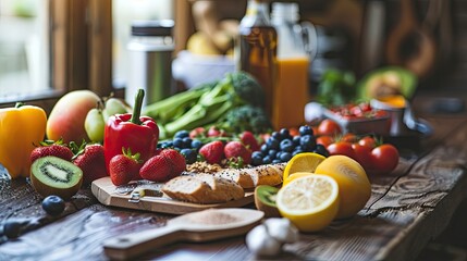 Naklejka premium Healthy food background. Vegetables, fruits and berries on wooden table