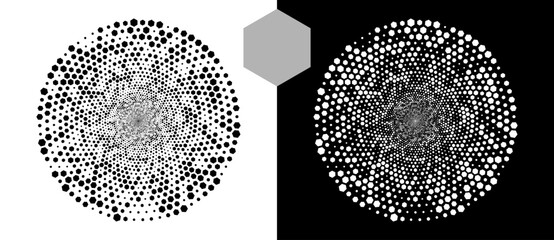 Halftone round as icon or background. Abstract vector circle with hexagons as logo or emblem. Black shape on a white background and the same white shape on the black side.