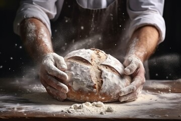 Fototapeta premium Baker is making in oven fresh sourdough bread with mess of flour on table. Generative Ai.