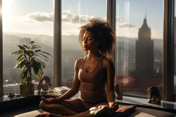 African woman practicing yoga sitting in the lotus position against the background of a panoramic window with an urban view