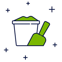 Filled outline Sand in bucket with shovel icon isolated on white background. Plastic kid toy. Summer icon.  Vector