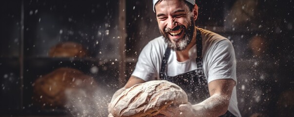Baker is making in oven fresh sourdough bread with mess of flour, food panorama. Generative Ai.