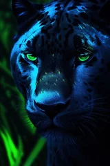 Gordijnen Abstract Panther close-up in blue Neon lighting, green eyes, 3D, Banner, Album design, notebooks, smartphone background © Irina