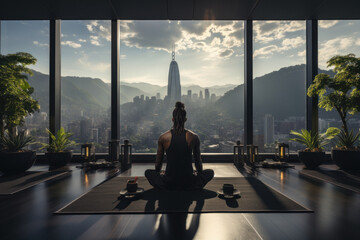 Back view of african man practicing yoga sitting in the lotus position against the background of a panoramic window with an urban view - obrazy, fototapety, plakaty