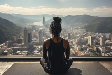 Fototapeta na wymiar Back view of african man practicing yoga sitting in the lotus position against the background of a panoramic window with an urban view