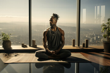 African man practicing yoga sitting in the lotus position against the background of a panoramic window with an urban view