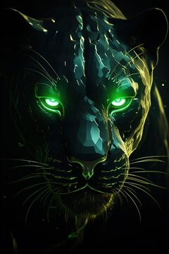 Abstract Panther close-up in green Neon lighting, green eyes, 3D, Banner, Album design, notebooks, smartphone background