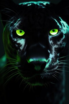 Abstract Panther close-up in green Neon lighting, green eyes, 3D, Banner, Album design, notebooks, smartphone background