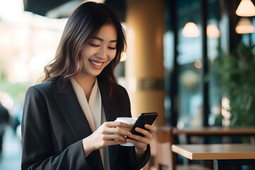 Beautiful asian businesswoman using smart phone in coffee shop.