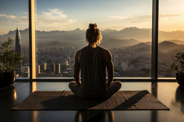 Back view of caucasian man practicing yoga sitting in the lotus position against the background of a panoramic window with an urban view