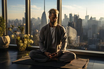 Caucasian man practicing yoga sitting in the lotus position against the background of a panoramic window with an urban view