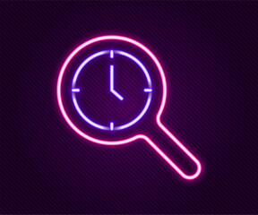 Glowing neon line Magnifying glass with clock icon isolated on black background. Clock search. Colorful outline concept. Vector