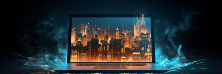 Laptop computer screen with a detailed image of a city. Modern business concept. New development project. Mixed media