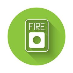 White Fire alarm system icon isolated with long shadow background. Pull danger fire safety box. Green circle button. Vector