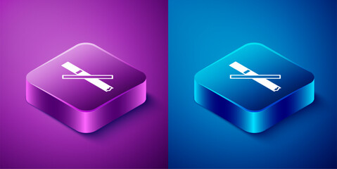 Isometric No smoking icon isolated on blue and purple background. Cigarette smoking prohibited sign. Square button. Vector