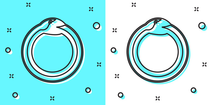 Black line Magic symbol of Ouroboros icon isolated on green and white background. Snake biting its own tail. Animal and infinity, mythology and serpent. Random dynamic shapes. Vector