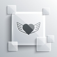 Grey Heart with wings icon isolated on grey background. Love symbol. Happy Valentines day. Square glass panels. Vector