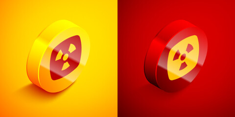 Isometric Radioactive icon isolated on orange and red background. Radioactive toxic symbol. Radiation hazard sign. Circle button. Vector