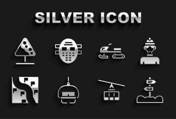 Set Ski lift, Winter athlete, Road traffic signpost, Cable car, Route location, Snowmobile, avalanches and Hockey mask icon. Vector