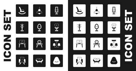 Set Big full length mirror, Armchair, Coat stand, Rocking, Lamp hanging, Chandelier and TV table icon. Vector
