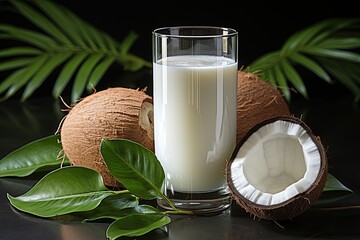 Natural non diary coconut milk. Vegan food composition with glass of coconut milk, coconut and palm leaves on a table. Still life with vegan healthy product