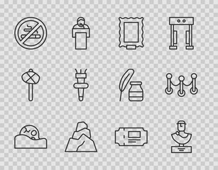 Set line Human skull, Ancient bust sculpture, Picture, Rock stones, No Smoking, Torch flame, Museum ticket and Rope barrier icon. Vector - obrazy, fototapety, plakaty