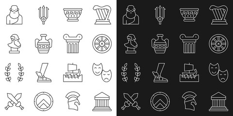 Set line Parthenon, Comedy and tragedy masks, Old wooden wheel, Greek ancient bowl, Ancient amphorae, bust sculpture, Socrates and column icon. Vector