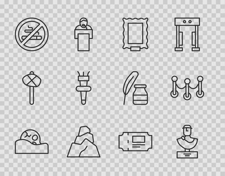 Set line Human skull, Ancient bust sculpture, Picture, Rock stones, No Smoking, Torch flame, Museum ticket and Rope barrier icon. Vector