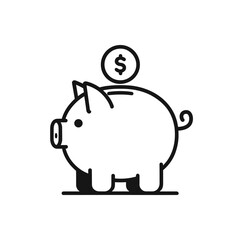 Black and white vector illustration of a piggy bank in the shape of a pig with a dollar sign representing savings, investment and financial literacy